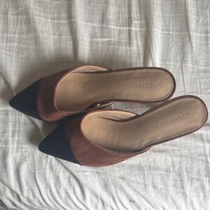 Two-Tone Pointed Toe Slip-On Mules in Brown and Black